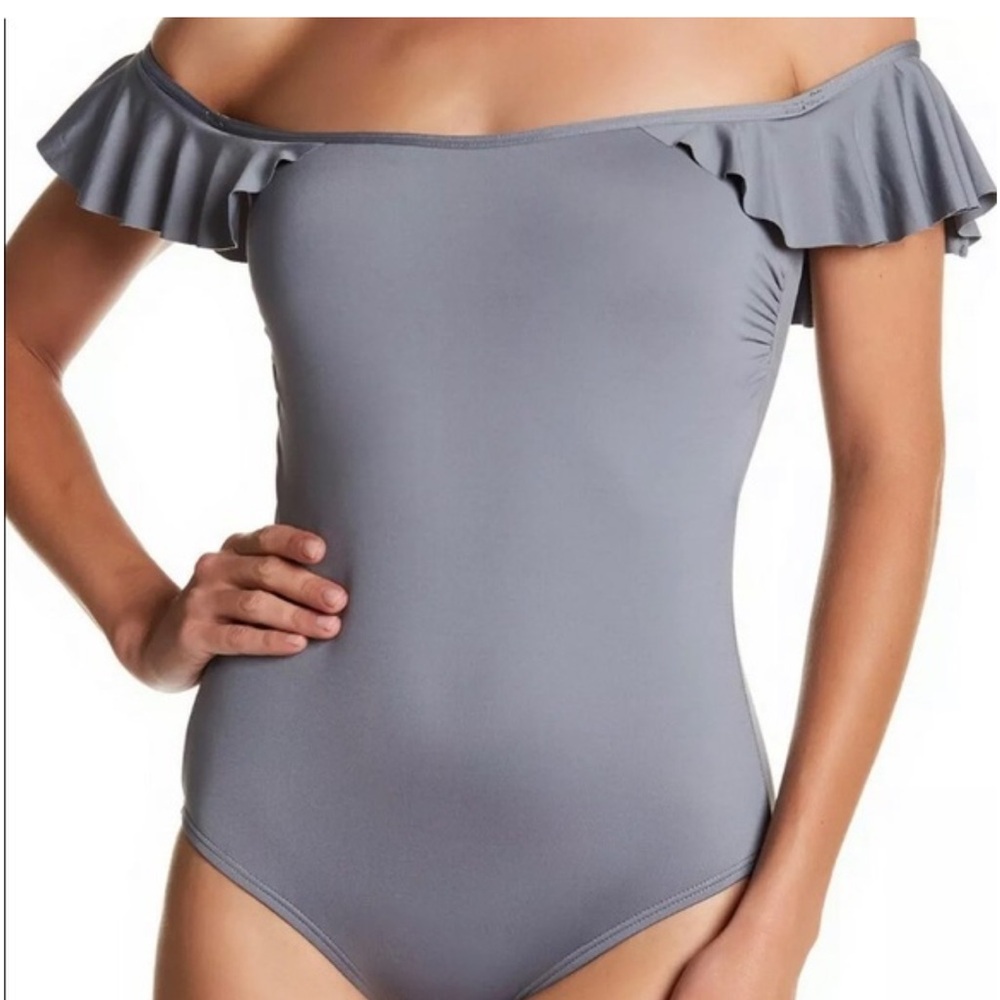 Vince Camuto Swim Off the Shoulder Ruffle One-Piece Swimsuit Grey Size 10